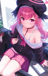 Rule 34 | 1girl, absurdres, bag, bare shoulders, beret, black hat, blue archive, blush, book, cellphone, closed mouth, collarbone, dango remi, halo, hat, head wings, highres, koharu (blue archive), long hair, long sleeves, looking at viewer, off shoulder, paid reward available, phone, pink eyes, pink hair, pink skirt, pleated skirt, rain, sailor collar, school uniform, sitting, skirt, sleeves past wrists, smartphone, solo, thighs, wet, white legwear, white sailor collar, wings
