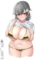 Rule 34 | 1girl, bikini, black hair, blush, breasts, clothes lift, gold bikini, hair between eyes, hair flaps, hair ornament, hairclip, jingei (kancolle), kantai collection, large breasts, lifted by self, long hair, looking at viewer, low ponytail, navel, red eyes, shirt lift, smile, solo, swimsuit, tf cafe, twitter username, white background
