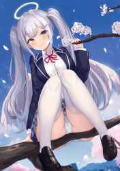 Rule 34 | 1girl, absurdres, angel, angel wings, black footwear, black jacket, blazer, blue sky, branch, breasts, button gap, cleavage, closed mouth, cloud, collared shirt, commentary request, day, dress shirt, flower, grey hair, grey skirt, hair ornament, hairclip, halo, hand up, highres, in tree, jacket, loafers, long hair, long sleeves, looking at viewer, medium breasts, neck ribbon, ochinsama, open clothes, open jacket, original, outdoors, panties, pantyshot, petals, plaid, plaid skirt, red ribbon, ribbon, school uniform, shirt, shoes, sidelocks, sitting, sitting in tree, skirt, sky, smile, solo, thighhighs, tree, twintails, underwear, very long hair, white flower, white panties, white shirt, white thighhighs, wings, yellow eyes