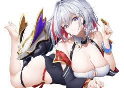 Rule 34 | 1girl, ass, barefoot, black unitard, breasts, cleavage, closed mouth, coin, highres, holding, holding coin, honkai: star rail, honkai (series), large breasts, legs up, looking at viewer, lying, mixed-language commentary, multicolored hair, numby (honkai: star rail), on stomach, purple eyes, red hair, short hair, simple background, smile, solo, streaked hair, topaz (honkai: star rail), trotter (honkai: star rail), white background, white hair, xfate