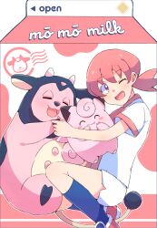 Rule 34 | 1girl, ;d, clefairy, commentary request, creatures (company), eyelashes, from side, game freak, gen 1 pokemon, gen 2 pokemon, head tilt, long hair, miltank, nintendo, one eye closed, open mouth, pink eyes, pink hair, pokemon, pokemon (creature), pokemon gsc, shiro1030, shirt, shoes, short sleeves, shorts, side slit, side slit shorts, smile, socks, tongue, twintails, white shirt, white shorts, whitney (pokemon)