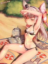 Rule 34 | 10s, 1girl, adapted costume, amatsukaze (kancolle), arm up, armpits, bad id, bad pixiv id, bare shoulders, bikini, breasts, bush, choker, collarbone, gooak, hair tubes, half-closed eye, highres, kantai collection, lifebuoy, long hair, navel, o o, orange eyes, plant, rensouhou-kun, side-tie bikini bottom, silver hair, sitting, small breasts, solid circle eyes, sun glare, swim ring, swimsuit, towel, twintails, twitter username, two side up, uneven eyes