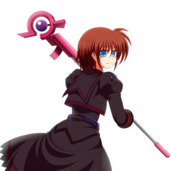 Rule 34 | 1girl, azumaya hironaru, blue eyes, brown hair, dress, from behind, long sleeves, luciferion, lyrical nanoha, mahou shoujo lyrical nanoha, mahou shoujo lyrical nanoha a&#039;s, mahou shoujo lyrical nanoha a&#039;s portable: the battle of aces, stern the destructor, puffy sleeves, short hair, smile, solo, white background
