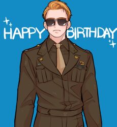 Rule 34 | 1boy, animification, belt, blonde hair, blue background, brown belt, brown jacket, brown necktie, brown pants, brown shirt, captain america: the first avenger, captain america (series), closed mouth, collared jacket, collared shirt, dishing, english text, grey-framed eyewear, happy birthday, jacket, long sleeves, male focus, marvel, marvel cinematic universe, military uniform, necktie, pants, pocket, shirt, short hair, simple background, solo, sparkle, standing, steve rogers, sunglasses, uniform