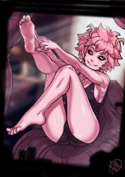 Rule 34 | 1girl, armpits, ashido mina, ass, bare arms, bare legs, bare shoulders, barefoot, black camisole, black panties, black sclera, boku no hero academia, breasts, camisole, collarbone, colored sclera, colored skin, commentary, covered erect nipples, english commentary, feet, full body, ganassa, grin, head tilt, highres, horns, indoors, knee up, leg up, looking at viewer, medium breasts, outstretched arms, panties, pink hair, pink skin, shiny skin, short hair, sideboob, sitting, smile, soles, solo, teen loli, teenage loli, toenails, toes, underwear, underwear only, yellow eyes