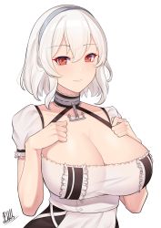 Rule 34 | 1girl, absurdres, anchor choker, azur lane, band-width, black dress, breasts, cleavage, closed mouth, dress, eyelashes, hair between eyes, hair intakes, hairband, hand up, highres, large breasts, light smile, looking at viewer, puffy short sleeves, puffy sleeves, red eyes, short hair, short sleeves, signature, simple background, sirius (azur lane), solo, tareme, upper body, white background, white dress, white hair