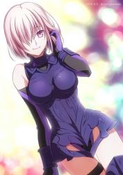 Rule 34 | 1girl, adjusting hair, armor, armored dress, bare shoulders, blurry, blush, bokeh, breasts, breasts apart, closed mouth, cowboy shot, dated, depth of field, dutch angle, elbow gloves, eyebrows, fate/grand order, fate (series), gloves, hair over one eye, halterneck, hand up, impossible clothes, legs together, leotard, light purple hair, light smile, looking at viewer, mash kyrielight, md5 mismatch, medium breasts, nina (pastime), pale skin, purple eyes, purple hair, short hair, smile, solo, standing, thigh strap, turtleneck, twitter username, vambraces