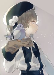 Rule 34 | 1girl, beret, bird, black hat, brown eyes, brown hair, closed mouth, collared shirt, commentary, falconry, falconry glove, flower, flower ornament, gloves, hat, hatoba tsugu, highres, long sleeves, looking afar, pigeon, shirt, subachi, suspenders, virtual youtuber, white flower, white shirt