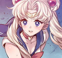 Rule 34 | 1girl, bishoujo senshi sailor moon, blonde hair, blue background, blue sailor collar, blush, breasts, bright pupils, circlet, cleavage, crescent, crescent earrings, derivative work, earrings, hair ornament, jewelry, long hair, meme, mimonel, parted bangs, parted lips, purple eyes, sailor collar, sailor moon, sailor moon redraw challenge (meme), school uniform, screenshot redraw, serafuku, solo, sweat, tsukino usagi, twintails, upper body, white pupils, wide-eyed