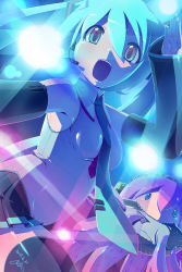 Rule 34 | 1girl, aqua eyes, aqua hair, breasts, dated, detached sleeves, eating, fish, gradient background, hatsune miku, headset, highres, lens flare, long hair, megurine luka, necktie, open mouth, pink hair, pleated skirt, rapama, sharp teeth, skirt, small breasts, solo focus, takoluka, teeth, thighhighs, twintails, vocaloid