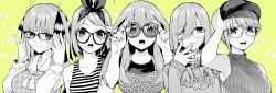 Rule 34 | 5girls, adjusting eyewear, arms up, bare shoulders, black headwear, blouse, blush, breasts, buttons, closed mouth, collarbone, commentary, fingernails, glasses, go-toubun no hanayome, greyscale, greyscale with colored background, hair between eyes, hair ornament, hair ribbon, hairband, hand on own head, haruba negi, hat, headphones, headphones around neck, highres, long bangs, long hair, long sleeves, looking at viewer, monochrome, multiple girls, nakano ichika, nakano itsuki, nakano miku, nakano nino, nakano yotsuba, open mouth, partially colored, ribbon, round eyewear, shirt, short hair, siblings, simple background, sisters, sleeveless, sleeveless shirt, sleeveless turtleneck, smile, star (symbol), star hair ornament, striped clothes, striped shirt, symbol-only commentary, turtleneck, upper body, yellow background