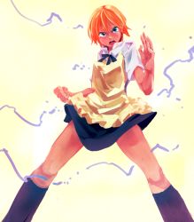Rule 34 | 1girl, apron, blue eyes, clenched hand, female focus, fighting stance, gradient background, highres, inami mahiru, mayuge1017, open mouth, orange hair, power, short hair, solo, waitress, working!!