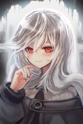 Rule 34 | 1girl, 3 (sanyako1), arknights, black capelet, black nails, blush, capelet, commentary, hand up, highres, holding, holding own hair, long hair, long sleeves, nail polish, puffy sleeves, red eyes, silver hair, smile, solo, specter (arknights), turtleneck