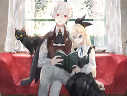 Rule 34 | 1boy, 1girl, ascot, black ascot, black bow, black dress, blonde hair, blue eyes, blue ribbon, book, bow, brown vest, cat, collared shirt, commentary request, couch, curtains, day, dress, feet out of frame, grey pants, hair between eyes, hair bow, highres, holding, holding book, indoors, iwai ku tsuki, long hair, long sleeves, neck ribbon, on couch, original, pants, parted lips, pinafore dress, reading, red eyes, ribbon, shirt, short hair, sitting, sleeveless dress, tree, vest, white hair, white shirt, window