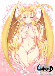 Rule 34 | 1girl, bad id, bad pixiv id, barefoot, between legs, blonde hair, blush, braid, breasts, company name, copyright name, dragon girl, dragon tail, dragon wings, earrings, eyebrows, hair censor, highres, jewelry, knees together feet apart, large breasts, long hair, looking at viewer, manle, monster girl, navel, necklace, nude, official art, original, pointy ears, red eyes, smile, solo, tail, topaz (unleashed), transparent, twin braids, unleashed, very long hair, wings, yellow theme
