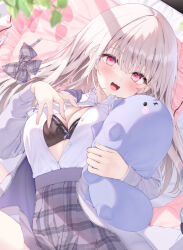 Rule 34 | 1girl, :d, black bra, bow, bow bra, bra, breasts, cleavage, collared shirt, commentary request, dress shirt, grey bow, grey hair, grey skirt, hair between eyes, hand up, hugging object, long hair, long sleeves, looking at viewer, lying, navy (navy.blue), on back, open mouth, original, plaid, plaid bow, plaid skirt, pleated skirt, puffy long sleeves, puffy sleeves, red eyes, school uniform, shirt, skirt, small breasts, smile, solo, stuffed toy, underwear, very long hair, white shirt