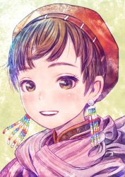 Rule 34 | 1girl, absurdres, brown eyes, brown hair, earrings, hat, highres, jewelry, looking at viewer, murata range, open mouth, original, pink scarf, portrait, red hat, scarf, short hair, smile, solo, striped clothes, striped scarf, yellow background