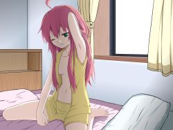 Rule 34 | 10s, 1girl, ahoge, arm up, armpits, barefoot, bed, breasts, curtains, dies irae, green eyes, highres, indoors, long hair, navel, no bra, on bed, one eye closed, open clothes, open shirt, pajamas, parted lips, pillow, red hair, rusalka schwagerin, shinza bansho series, shirt, shorts, sidelocks, sitting, sleepy, small breasts, solo, wariza, window