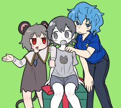 Rule 34 | 3girls, animal ear fluff, animal ears, arm on another&#039;s shoulder, bags under eyes, black pants, blue eyes, blue hair, blue shirt, blush, box, breasts, bseibutsu, capelet, closed mouth, collared shirt, colored skin, commentary request, cookie (touhou), crystal, dress, employee uniform, fang, feet out of frame, flat chest, gift, gift box, green background, grey dress, grey hair, grey shirt, grey shorts, grey skin, hair between eyes, hand on another&#039;s shoulder, jewelry, kawashiro nitori, kofji (cookie), leaning forward, long sleeves, looking at another, looking at viewer, looking to the side, medium bangs, medium breasts, mouse ears, mouse girl, mouse tail, multiple girls, multiple persona, nazrin, open mouth, pants, pendant, red eyes, shirt, short hair, short sleeves, shorts, simple background, sitting, standing, tail, touhou, triangle mouth, uniform, white capelet