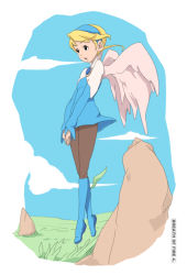 Rule 34 | 1girl, angel wings, bad id, bad pixiv id, blonde hair, blue footwear, boots, breasts, breath of fire, breath of fire iv, cloud, day, dress, grass, hairband, knee boots, nina (breath of fire iv), outdoors, pantyhose, short hair, skirt, sky, small breasts, solo, staff, white wings, wings, yupii