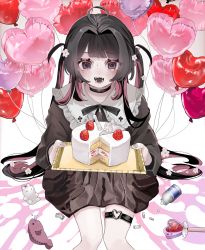 Rule 34 | 1girl, @ @, absurdres, ahoge, balloon, black choker, black hair, black ribbon, black skirt, blunt ends, blush, cake, choker, cross, crying, fangs, flower, food, from above, goth fashion, gothic, hair flower, hair intakes, hair ornament, hanataro (sruvhqkehy1zied), heart balloon, heart wand, highres, holding, holding tray, incoming food, jirai kei, long sleeves, looking at viewer, low twintails, mole, mole under mouth, multicolored hair, neck ribbon, original, pill, pink eyes, pink hair, pink theme, pleated skirt, puffy long sleeves, puffy sleeves, raised eyebrows, ribbon, sidelocks, sitting, skirt, solo, strawberry cake, stuffed animal, stuffed toy, sweatdrop, swept bangs, thigh strap, tray, twintails, two-tone hair, wariza, wavy mouth, white flower, yami kawaii