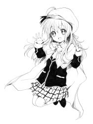 Rule 34 | 1girl, cape, fang, female focus, full body, greyscale, hat, highres, jumping, little busters!, long hair, monochrome, namori, nib pen (medium), noumi kudryavka, open mouth, plaid, plaid skirt, school uniform, simple background, sketch, skirt, smile, solo, thighhighs, traditional media, waving, white background