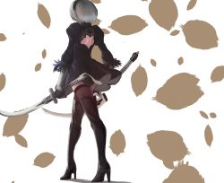 Rule 34 | 1girl, absurdres, android, ass, black dress, boots, breasts, dress, feather-trimmed sleeves, hairband, high heel boots, high heels, highres, large breasts, nier (series), nier:automata, puffy sleeves, short hair, silver hair, solo, sword, thigh boots, thighhighs, weapon, 2b (nier:automata)
