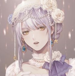 Rule 34 | 1girl, bead necklace, beads, braid, crescent, earrings, flower, grey background, hair flower, hair ornament, highres, jewelry, korean commentary, looking at viewer, necklace, open mouth, original, parted lips, portrait, purple flower, purple rose, rose, solo, star (symbol), tatam (mmigaya), teeth, upper teeth only, white flower, white hair, white rose, yellow eyes