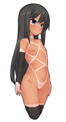 Rule 34 | 1girl, accessory tan, arms at sides, asashio (kancolle), bar censor, black hair, black thighhighs, blue eyes, blush, censored, collarbone, commentary request, cropped legs, detached sleeves, flat chest, highres, kantai collection, long hair, long sleeves, looking away, navel, nipples, nude, parted lips, pussy, revealing tanlines, shibari tan, sidelocks, simple background, solo, stomach, straight hair, tan, tanline, tanlines, thighhighs, white background, yoshi tama