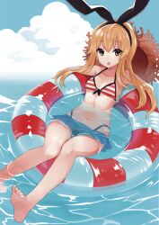 Rule 34 | 1girl, alternate costume, animal ears, bikini, black hat, blonde hair, blue skirt, blue sky, breasts, cloud, comiket 92, hat, innertube, kantai collection, long hair, looking at viewer, microskirt, navel, ocean, open mouth, orqz, rabbit ears, shimakaze (kancolle), skirt, sky, small breasts, soles, solo, straw hat, striped bikini, striped clothes, swim ring, swimsuit, toes, yellow eyes