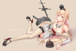 Rule 34 | 10s, 1girl, bare shoulders, blonde hair, blue eyes, blush, braid, breasts, crown, dress, eliskalti, female focus, french braid, full body, garter straps, globus cruciger, hairband, high heels, jewelry, kantai collection, long hair, looking at viewer, lying, mini crown, necklace, off shoulder, on side, parted lips, platform footwear, platform heels, scepter, solo, thighhighs, warspite (kancolle)