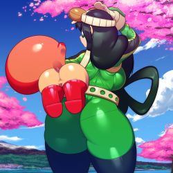 Rule 34 | 0r0ch1, 1girl, absurdres, ass, asui tsuyu, black hair, bodysuit, boku no hero academia, bow-shaped hair, breasts, carrying, cherry blossoms, cloud, cowboy shot, frog girl, gloves, goggles, goggles on head, green bodysuit, hair rings, highres, huge ass, large breasts, latex, latex bodysuit, long hair, low-tied long hair, my little pony, pantylines, skin tight, sky, thick thighs, thighhighs, thighs