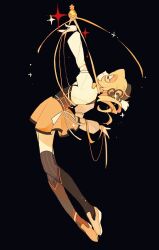 Rule 34 | 1girl, arm up, beret, black background, blonde hair, brown hat, brown thighhighs, closed eyes, corset, curly hair, detached sleeves, flower, from side, full body, hair flower, hair ornament, hat, highres, leaning back, magical girl, mahou shoujo madoka magica, mahou shoujo madoka magica (anime), medium hair, outstretched arm, profile, puffy short sleeves, puffy sleeves, ribbon, richanggangaozi, shirt, shoes, short sleeves, simple background, skirt, solo, soul gem, sparkle, striped clothes, striped thighhighs, thighhighs, tomoe mami, vertical-striped clothes, vertical-striped thighhighs, white shirt, yellow footwear, yellow ribbon, yellow skirt