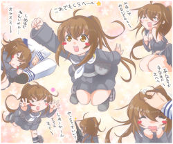 Rule 34 | &gt; &lt;, 10s, 1boy, 1girl, admiral (kancolle), black serafuku, blush, blush stickers, brown eyes, brown hair, closed eyes, commentary request, crescent moon, fang, fumizuki (kancolle), gradient background, hand on another&#039;s head, headpat, jack (slaintheva), kantai collection, lap pillow, long hair, long sleeves, moon, neckerchief, open mouth, school uniform, serafuku, skirt, translated, white neckerchief