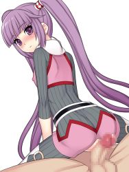 Rule 34 | 1boy, 1girl, ass, bitter sweet (fragment), blush, censored, highres, long hair, penis, purple eyes, purple hair, simple background, sophie (tales), tales of (series), tales of graces, white background