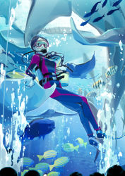 Rule 34 | 1girl, aquarium, audience, bodysuit, bubble, commentary request, diving mask, diving mask on eyes, diving regulator, diving suit, fish, flippers, gloves, goggles, manta ray, mask, original, scuba, scuba gear, scuba tank, short hair, snapper (fish), solo, stingray, swimsuit, translation request, underwater, water, wetsuit, whale