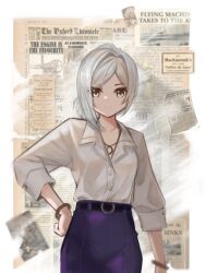Rule 34 | 1girl, absurdres, belt, bracelet, english text, grey eyes, grey hair, hand on own hip, highres, jewelry, looking at viewer, necklace, newspaper, no headwear, no jacket, pants, purple pants, reverse:1999, shirt, solo, vertin (reverse:1999), white shirt, yona (illusty0na)