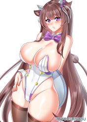 Rule 34 | 1girl, :o, absurdres, animal ears, azur lane, black thighhighs, blush, bow, bowtie, breasts, brown hair, cleavage, cow ears, cow girl, cow horns, cow tail, curvy, hair ribbon, hand on own hip, highleg, highleg leotard, highres, horns, huge breasts, kashino (azur lane), katou shinobu, large breasts, leotard, long hair, nontraditional playboy bunny, playboy bunny, purple bow, purple bowtie, purple eyes, ribbon, solo, standing, tail, thick thighs, thighhighs, thighs, very long hair, white leotard