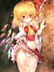 Rule 34 | 1girl, aftersex, ascot, bare shoulders, blonde hair, blush, bow, bow panties, breasts, bush, closed mouth, collar, collared shirt, cosplay, crystal, cum, cum in pussy, cumdrip, detached sleeves, eyes visible through hair, fang, flandre scarlet, frills, hair between eyes, hair bow, hair ornament, hair tubes, hakurei reimu, hakurei reimu (cosplay), hands up, heart, highres, japanese clothes, jewelry, long sleeves, looking at viewer, marukyuu ameya, medium breasts, miko, miniskirt, multicolored wings, nail polish, navel, no headwear, panties, ponytail, red bow, red eyes, red nails, red shirt, red skirt, shadow, shirt, short hair, skirt, smile, solo, standing, stomach, sweat, touhou, underwear, wall, white panties, white sleeves, wide sleeves, wings, yellow ascot