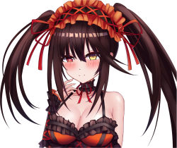 Rule 34 | 1girl, black dress, black hair, breasts, cleavage, clock eyes, collarbone, date a live, detached sleeves, dress, frilled dress, frills, hairband, heart, heart-shaped pupils, iceccc, large breasts, looking at viewer, multicolored clothes, multicolored dress, neck ribbon, red dress, red eyes, red hairband, red ribbon, ribbon, sidelocks, simple background, smile, symbol-shaped pupils, tokisaki kurumi, twintails, white background