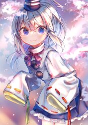 Rule 34 | 1girl, absurdres, blue eyes, blue hat, blue skirt, closed mouth, cowboy shot, frilled skirt, frills, grey hair, hair between eyes, hat, highres, itsumizu, japanese clothes, kariginu, long hair, mononobe no futo, pleated skirt, pom pom (clothes), ponytail, ribbon-trimmed sleeves, ribbon trim, skirt, sleeves past fingers, sleeves past wrists, solo, tate eboshi, touhou, wide sleeves