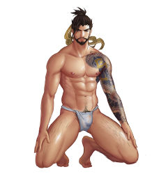 Rule 34 | 1boy, abs, beard, body hair, facial hair, full body, hairy legs, hanzo (overwatch), highres, kneeling, looking at viewer, male focus, mo si, muscular, nipples, overwatch, overwatch 1, pectorals, solo, tattoo, testicles, topless male, underwear, wet