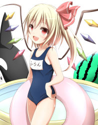 Rule 34 | 1girl, alternate costume, blonde hair, crystal, flandre scarlet, food, fruit, highres, inflatable toy, innertube, kuroganeruto, name tag, one-piece swimsuit, open mouth, orca, red eyes, ribbon, school swimsuit, school uniform, short hair, side ponytail, smile, solo, swim ring, swimsuit, touhou, watemelon, watermelon, wings