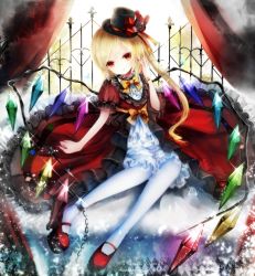 Rule 34 | 1girl, alternate costume, bad id, bad pixiv id, basilis9, black dress, blonde hair, bow, bracelet, card, chain, cuffs, curtains, dress, fingernails, flandre scarlet, hat, highres, jewelry, layered dress, light smile, long fingernails, nail polish, pantyhose, playing card, puffy short sleeves, puffy sleeves, red eyes, red nails, revision, sash, shackles, short sleeves, side ponytail, sitting, solo, top hat, touhou, white dress, white pantyhose, wings