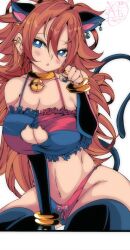 Rule 34 | 1girl, android 21, animal ears, black thighhighs, blue eyes, breasts, brown hair, cat ears, cat girl, cat tail, cleavage, curvy, dragon ball, dragon ball fighterz, earrings, elbow gloves, female focus, gloves, gold bracelet, gold earrings, hair between eyes, highres, hoop earrings, huge breasts, jewelry, kinakomochi (user vedc2333), long hair, looking at viewer, multicolored clothes, navel, parted lips, signature, solo, tail, thick thighs, thighhighs, thighs, very long hair, white background