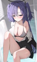 Rule 34 | 1girl, bare legs, black bra, blue archive, blush, bra, breasts, halo, highres, indoors, jacket, large breasts, long hair, long sleeves, nenight, open clothes, open shirt, pleated skirt, purple eyes, purple hair, shirt, skirt, solo, two side up, underwear, white shirt, yuuka (blue archive)