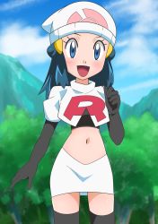 Rule 34 | 1girl, :d, alternate costume, beanie, black footwear, black gloves, blue eyes, blue hair, blush, boots, clenched hand, cloud, commentary request, creatures (company), cropped jacket, dawn (pokemon), day, elbow gloves, eyelashes, game freak, gloves, hainchu, hair ornament, hairclip, hand up, hat, highres, jacket, long hair, midriff, navel, nintendo, open mouth, outdoors, pokemon, pokemon (anime), pokemon dppt (anime), skirt, sky, smile, solo, team rocket, team rocket uniform, thigh boots, thighhighs, white hat, white jacket, white skirt