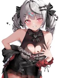 Rule 34 | 1girl, absurdres, bandaid, bandaid hair ornament, black bow, black hair, black nails, blush, bow, breasts, center frills, cleavage, cleavage cutout, clothing cutout, commentary request, drill hair, fingernails, frills, grey hair, grey shirt, hair bow, hair intakes, hair ornament, halterneck, hand on own hip, hand up, heart-shaped lock, heart cutout, high-waist skirt, highres, hololive, key, large breasts, leaning forward, looking at viewer, medium breasts, multicolored hair, nail polish, off shoulder, official alternate costume, official alternate hairstyle, pepq, pink eyes, sakamata chloe, sakamata chloe (jirai kei), shirt, simple background, skirt, sleeveless, smile, solo, streaked hair, twin drills, twintails, two-tone hair, upper body, virtual youtuber, white background, x hair ornament