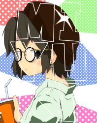 Rule 34 | 1girl, absurdres, alternate costume, bespectacled, black eyes, black hair, clothes lift, commentary request, cup, disposable cup, dress, dress lift, drinking straw, earrings, glasses, green shirt, highres, jewelry, kantai collection, looking at viewer, miyuki (kancolle), multicolored background, parted lips, shirt, short hair, solo, suzunone rin, tumbler, upper body