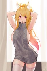 Rule 34 | 1girl, ahoge, animal ears, armpits, arms up, backlighting, blonde hair, breasts, commission, contrapposto, cowboy shot, dungeon and fighter, ellin meiji, hair tie, hayabusa (vert 320), indoors, large breasts, long hair, looking at viewer, meme attire, mouth hold, pink eyes, pink hair, ponytail, ribbed sweater, sideboob, sidelocks, slit pupils, solo, sweater, thighhighs, tying hair, virgin killer sweater, white thighhighs